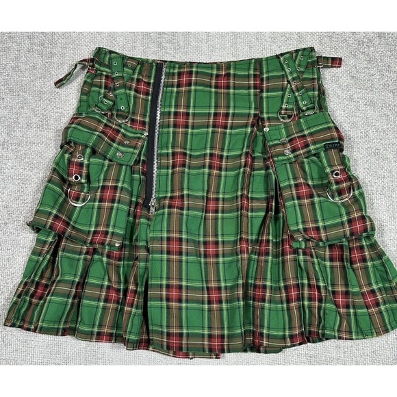 Tripp NYC Kilt Skirt Mens XL Green Plaid Y2K Cargo Utility Goth Emo Punk - Picture 1 of 15